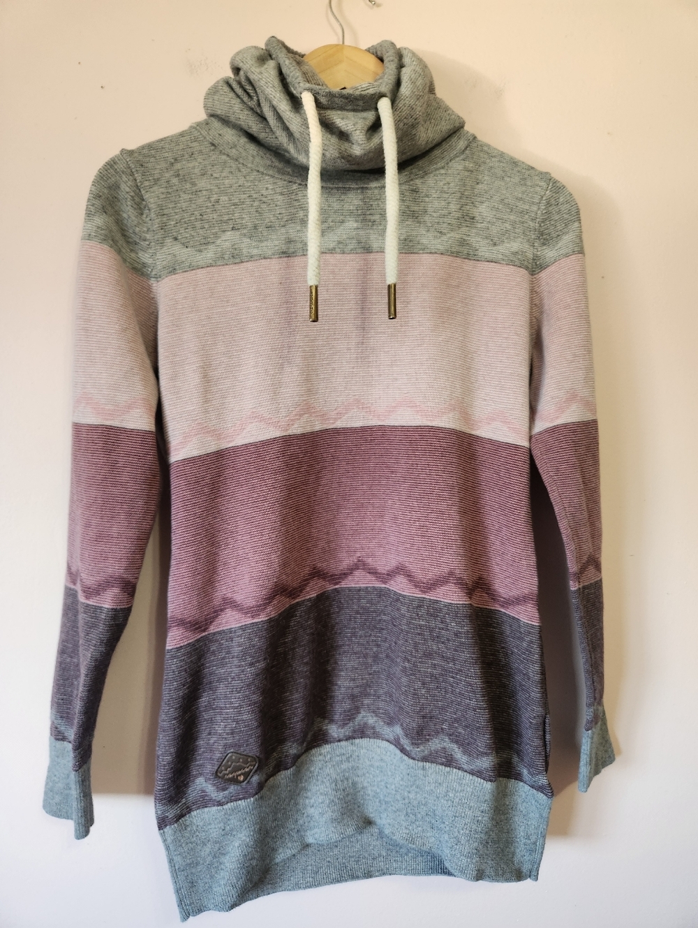 Ragwear Babett Zig Zag Striped Sweater High Double-layered Cowl Neck Vegan Sz L